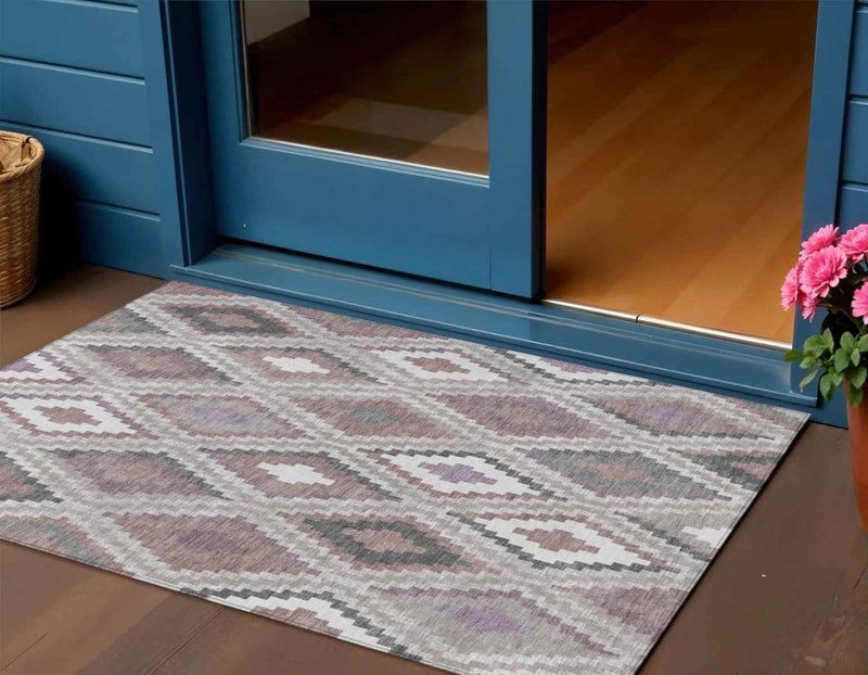 3' X 5' Blush Ivory And Gray Geometric Washable Indoor Outdoor Area Rug