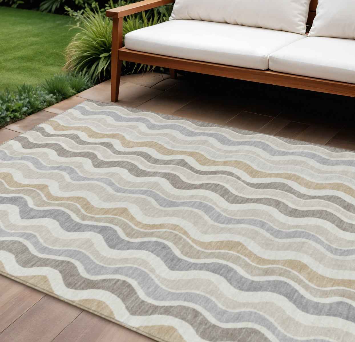 9' X 12' Ivory Khaki And Beige Striped Washable Indoor Outdoor Area Rug
