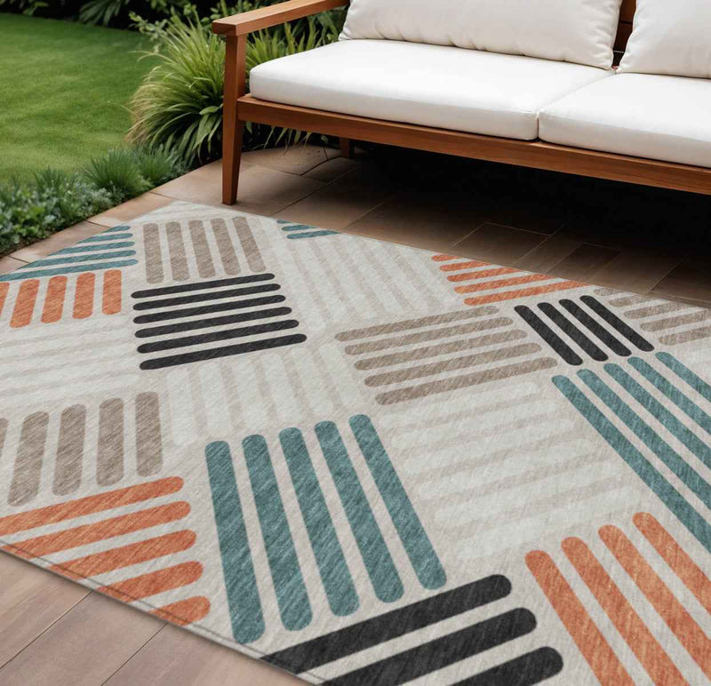 10' X 14' Sand Ivory And Black Geometric Washable Indoor Outdoor Area Rug
