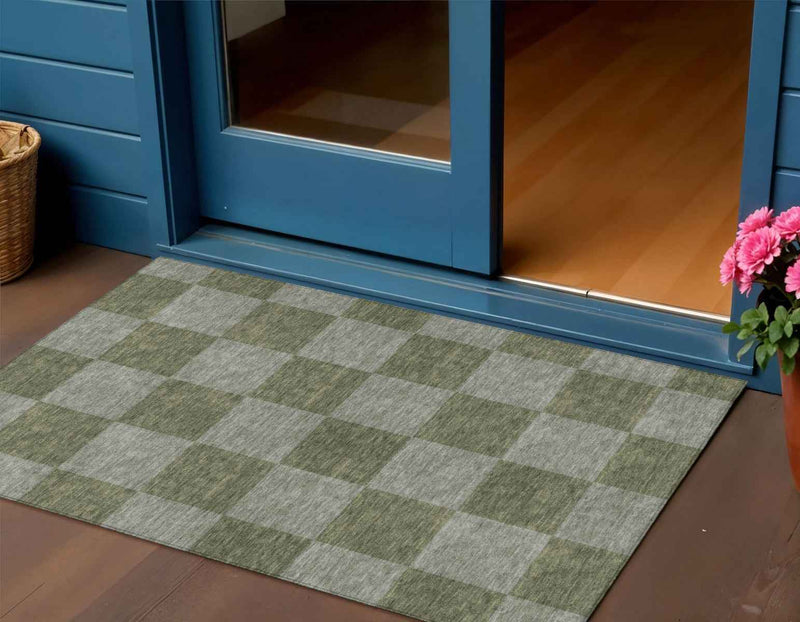 3' X 5' Olive Green And Gray Geometric Washable Indoor Outdoor Area Rug