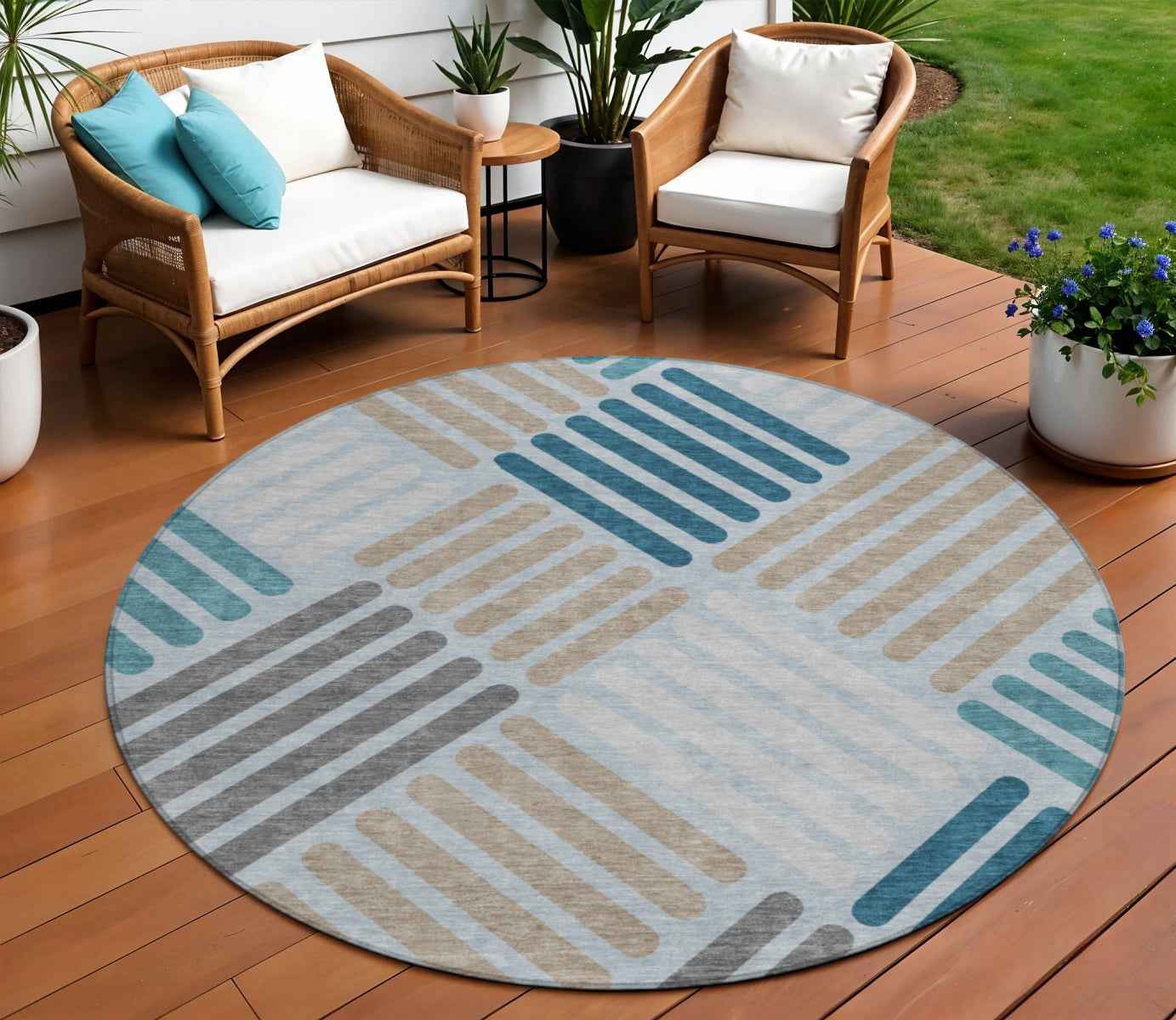 8' Teal Blue Wheat And Gray Round Geometric Washable Indoor Outdoor Area Rug