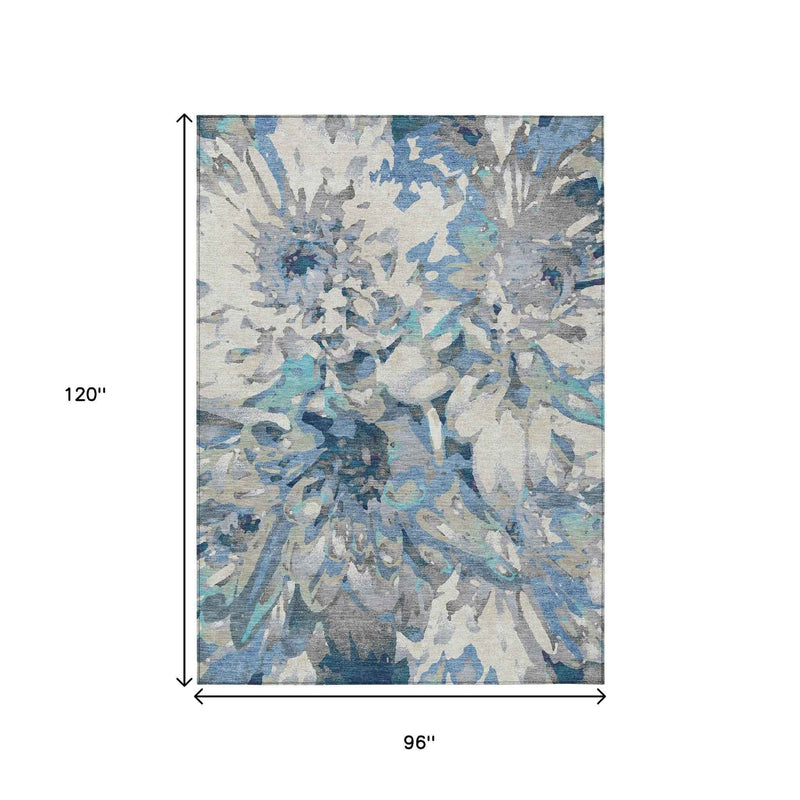 8' X 10' Denim Blue Gray And Ivory Floral Washable Indoor Outdoor Area Rug