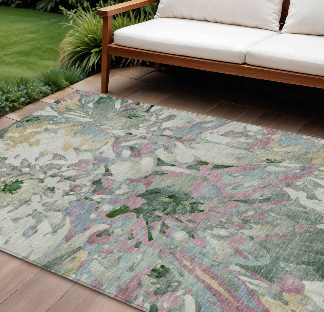 10' X 14' Sage Gold And Emerald Floral Washable Indoor Outdoor Area Rug