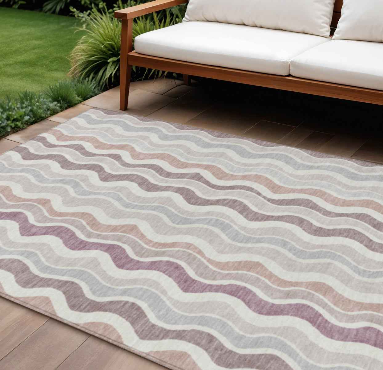 10' X 14' Blush Ivory And Taupe Striped Washable Indoor Outdoor Area Rug