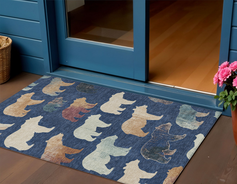 3' X 5' Navy Blue Ivory And Beige Animal Print Washable Indoor Outdoor Area Rug