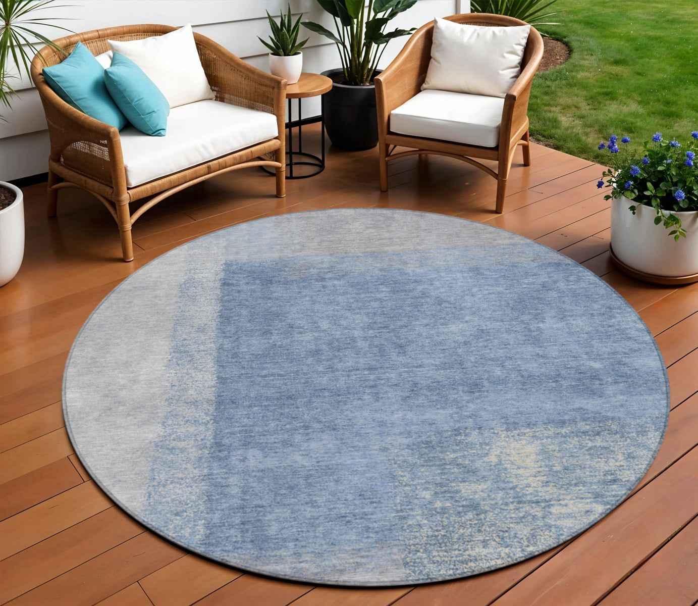 8' Denim Blue Ivory And Gray Round Abstract Washable Indoor Outdoor Area Rug