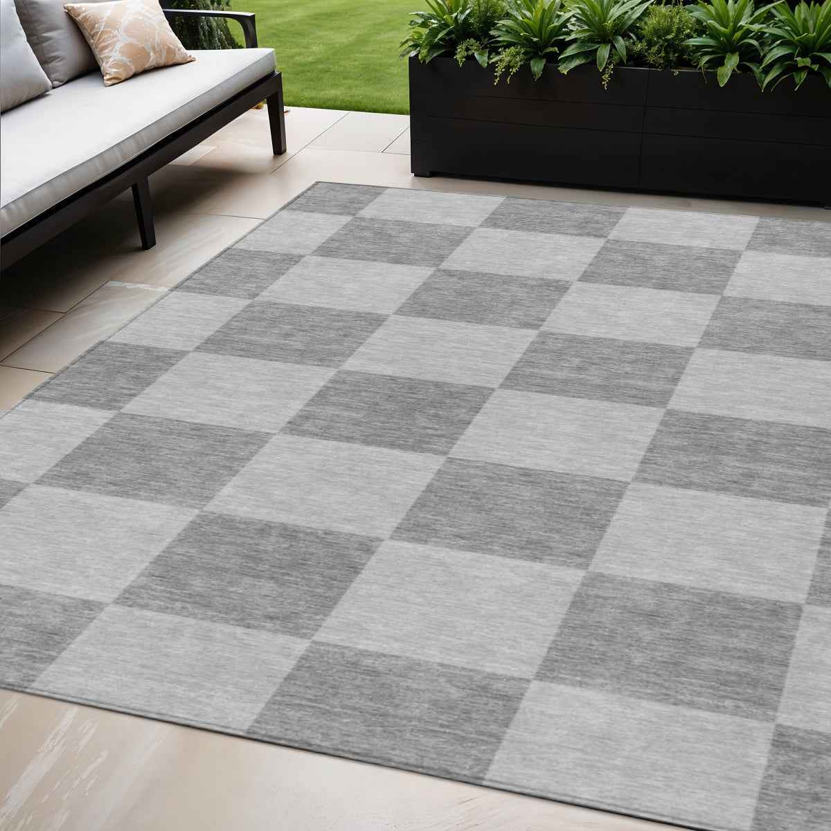 5' X 8' Gray And Pewter Geometric Washable Indoor Outdoor Area Rug