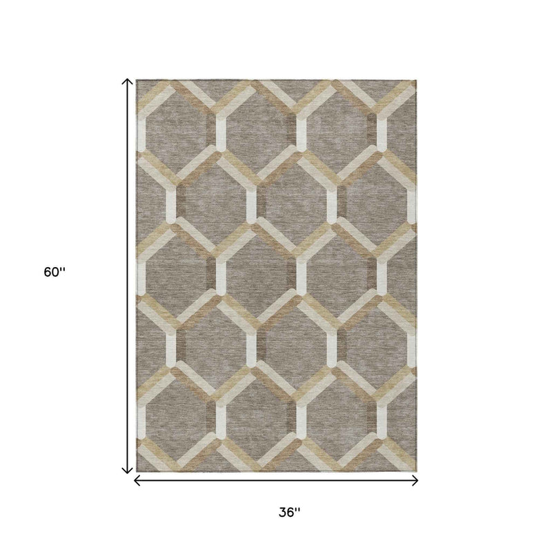 3' X 5' Taupe Beige And Ivory Geometric Washable Indoor Outdoor Area Rug