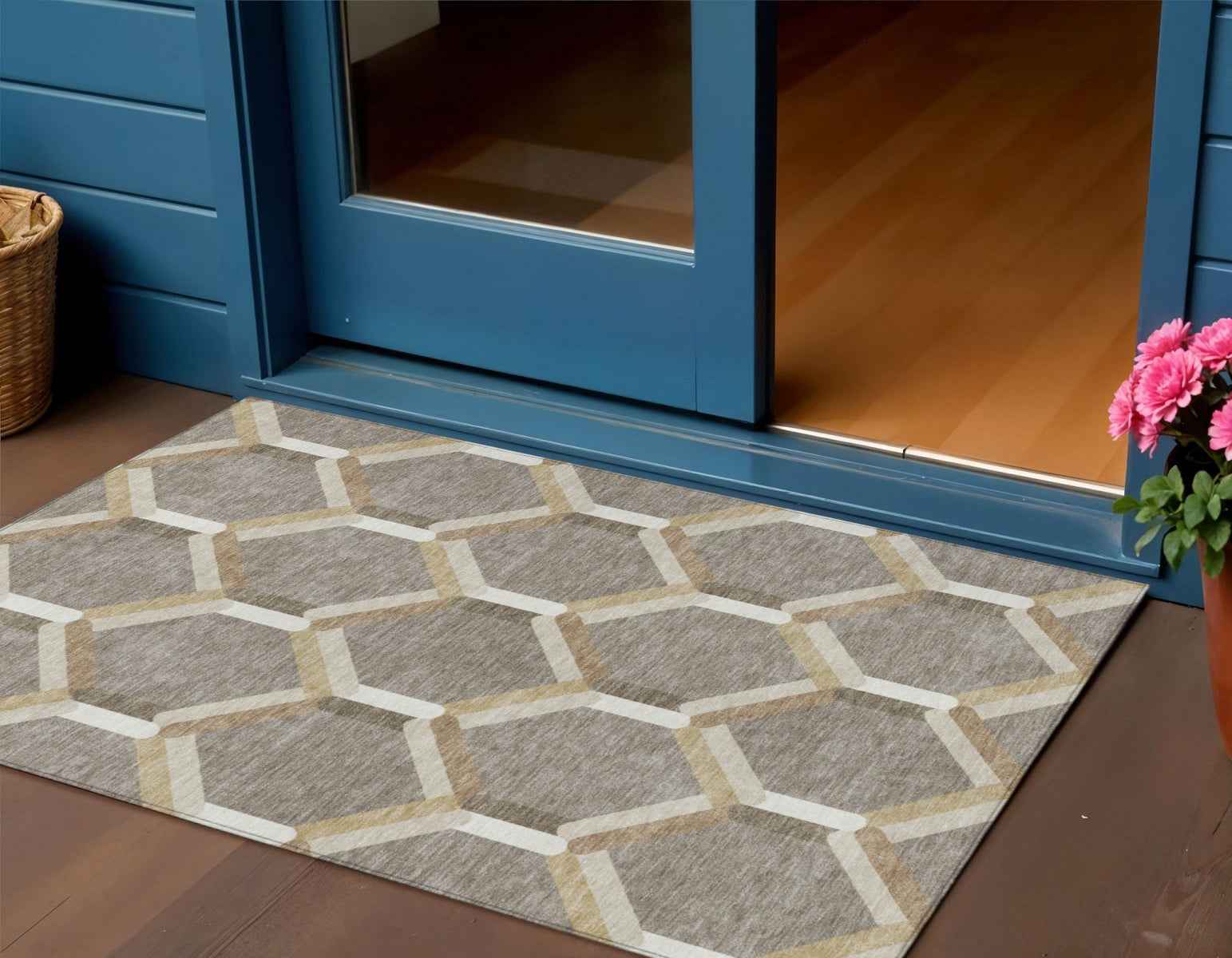 3' X 5' Taupe Beige And Ivory Geometric Washable Indoor Outdoor Area Rug