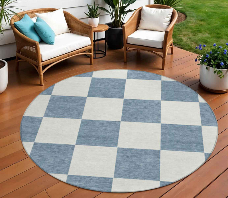 8' Denim Blue And Ivory Round Geometric Washable Indoor Outdoor Area Rug