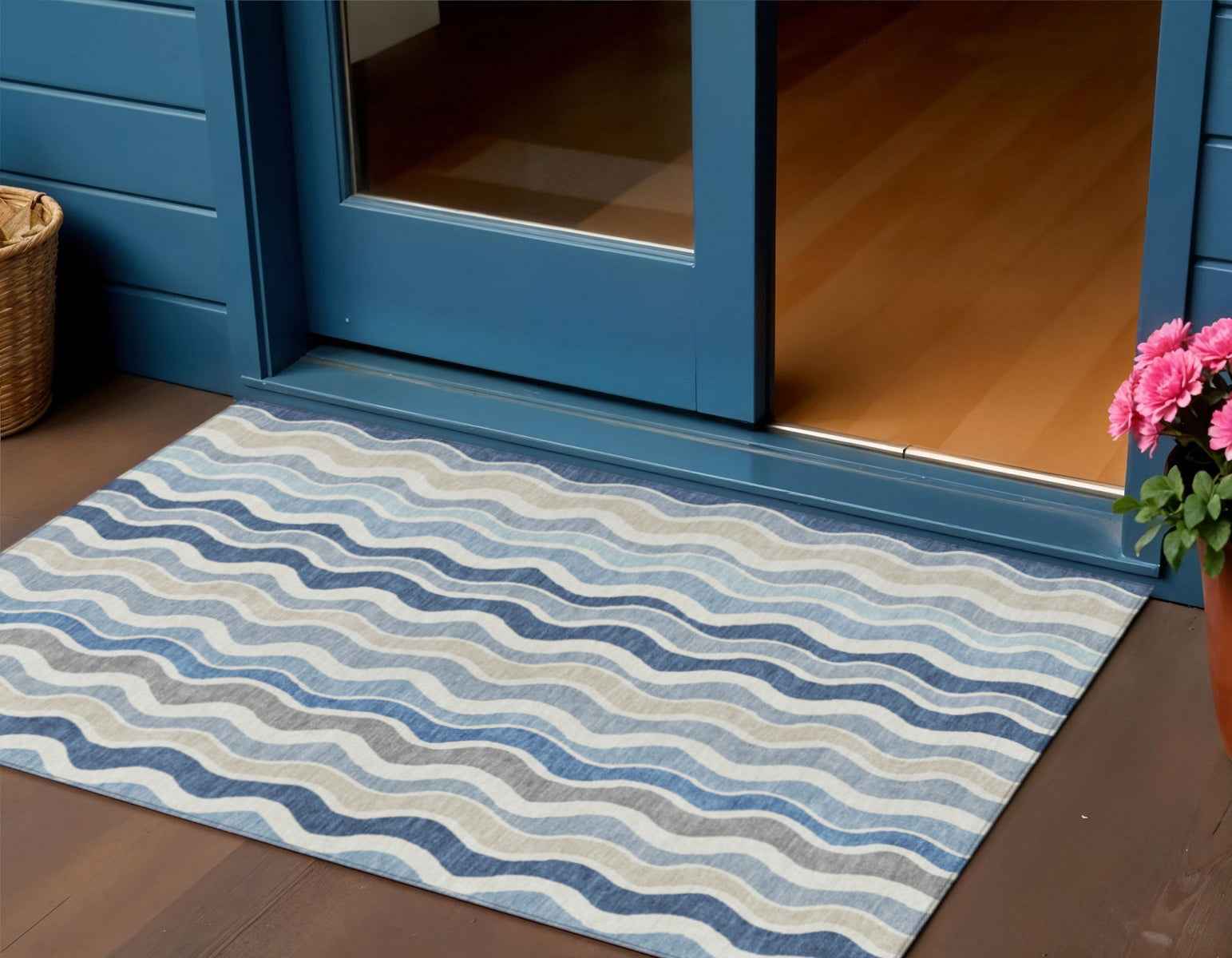 3' X 5' Blue Khaki And Ivory Striped Washable Indoor Outdoor Area Rug