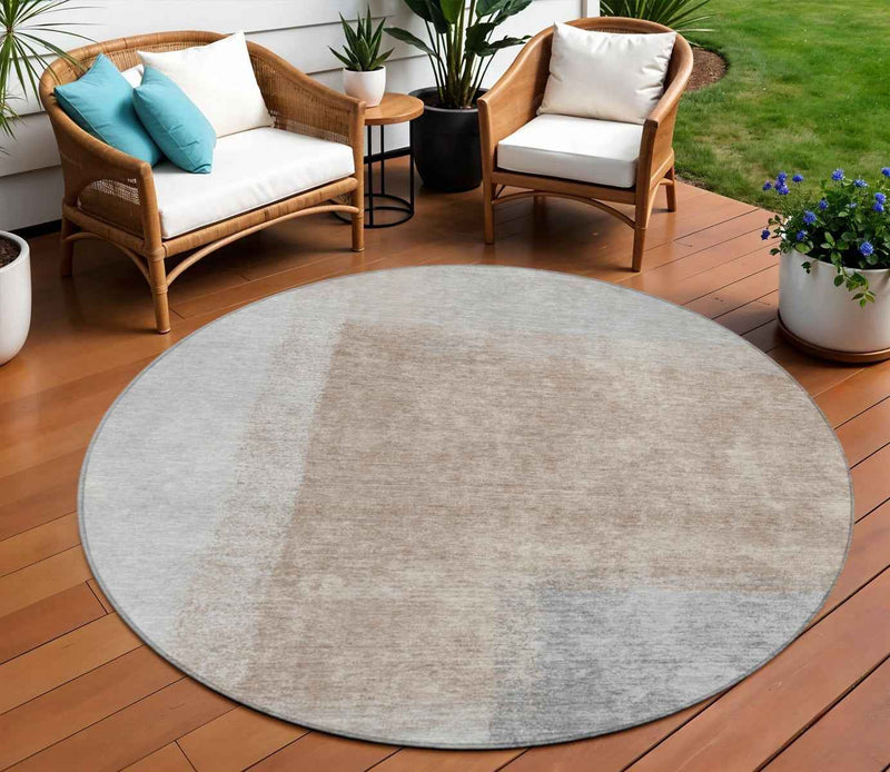 8' Taupe Ivory And Gray Round Abstract Washable Indoor Outdoor Area Rug