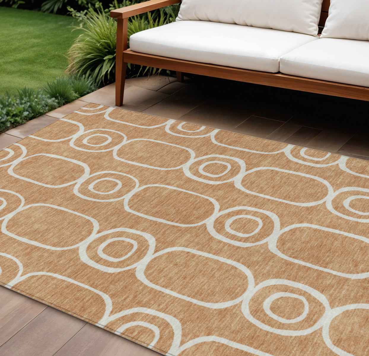 9' X 12' Rust And Ivory Geometric Washable Indoor Outdoor Area Rug