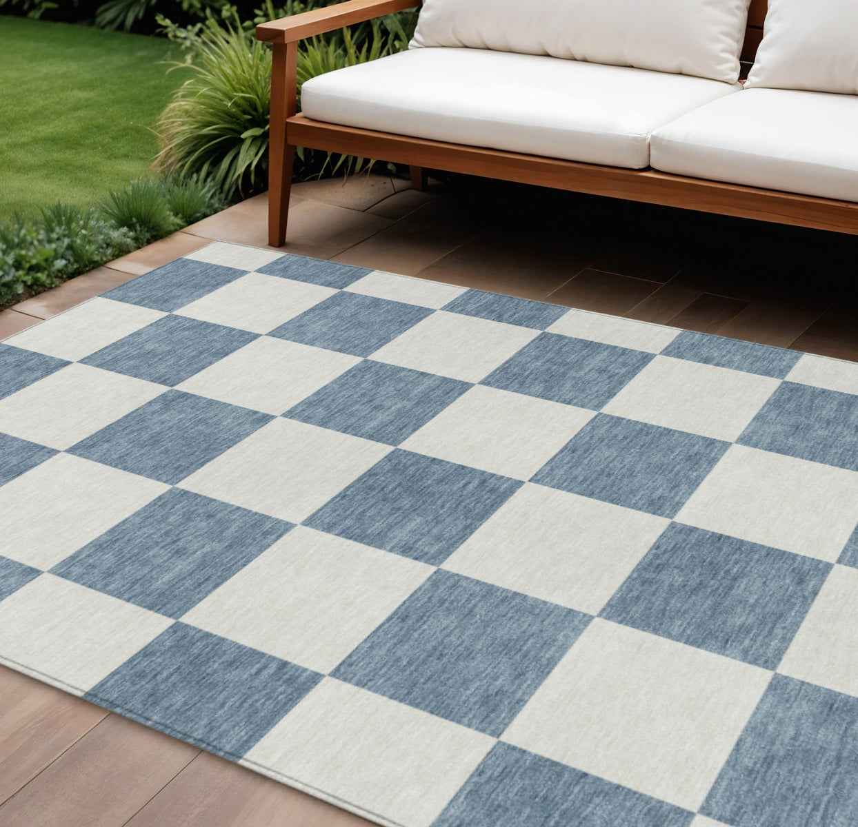 9' X 12' Denim Blue And Ivory Geometric Washable Indoor Outdoor Area Rug