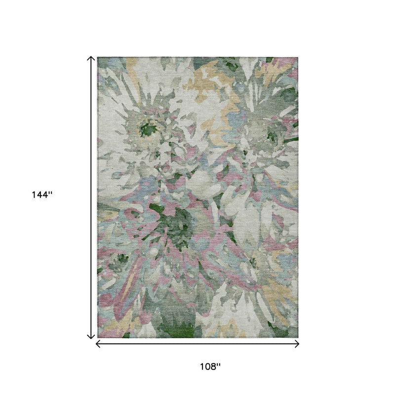 9' X 12' Sage Gold And Emerald Floral Washable Indoor Outdoor Area Rug