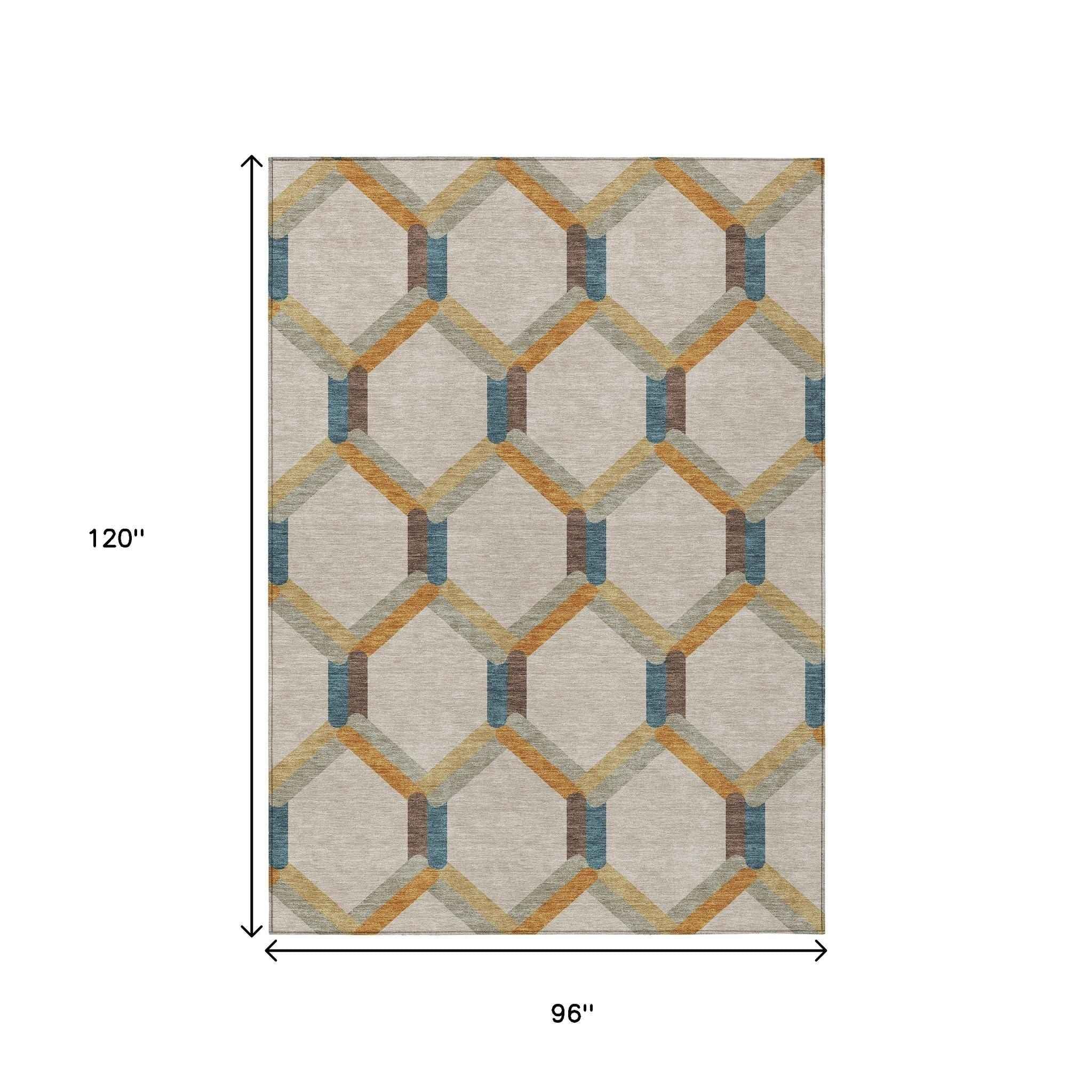 8' X 10' Beige Wheat And Blue Geometric Washable Indoor Outdoor Area Rug