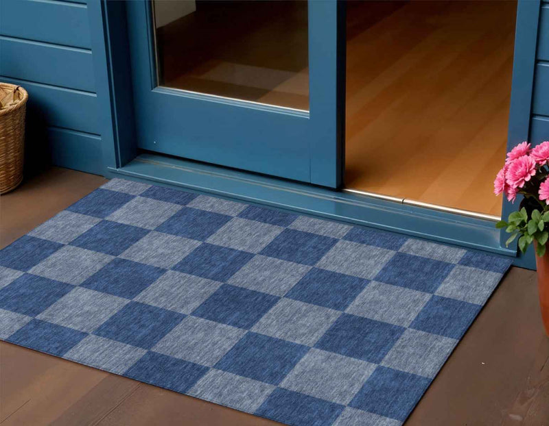 3' X 5' Blue And Gray Geometric Washable Indoor Outdoor Area Rug