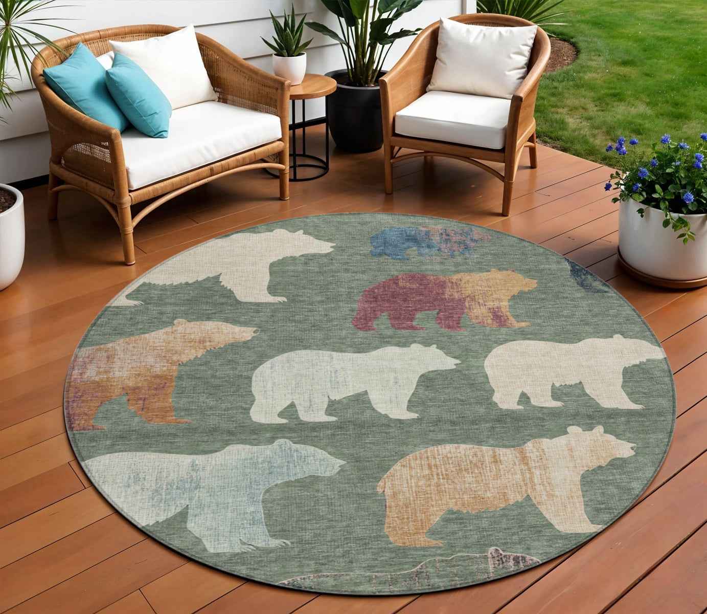 8' Green Ivory And Copper Round Animal Print Washable Indoor Outdoor Area Rug
