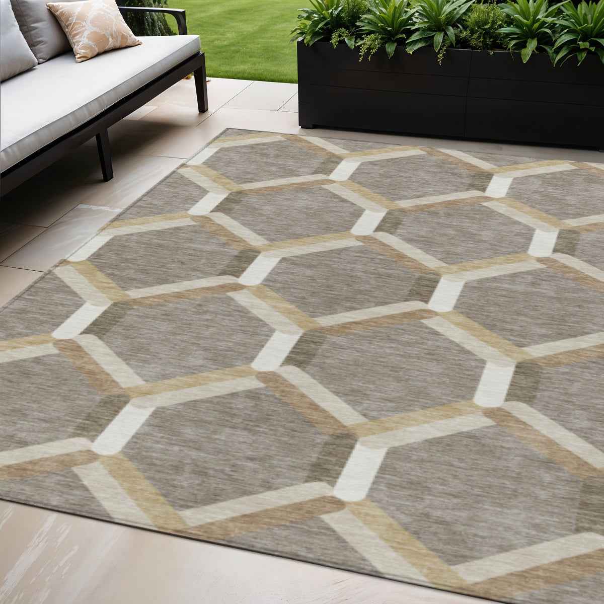 5' X 8' Taupe Beige And Ivory Geometric Washable Indoor Outdoor Area Rug