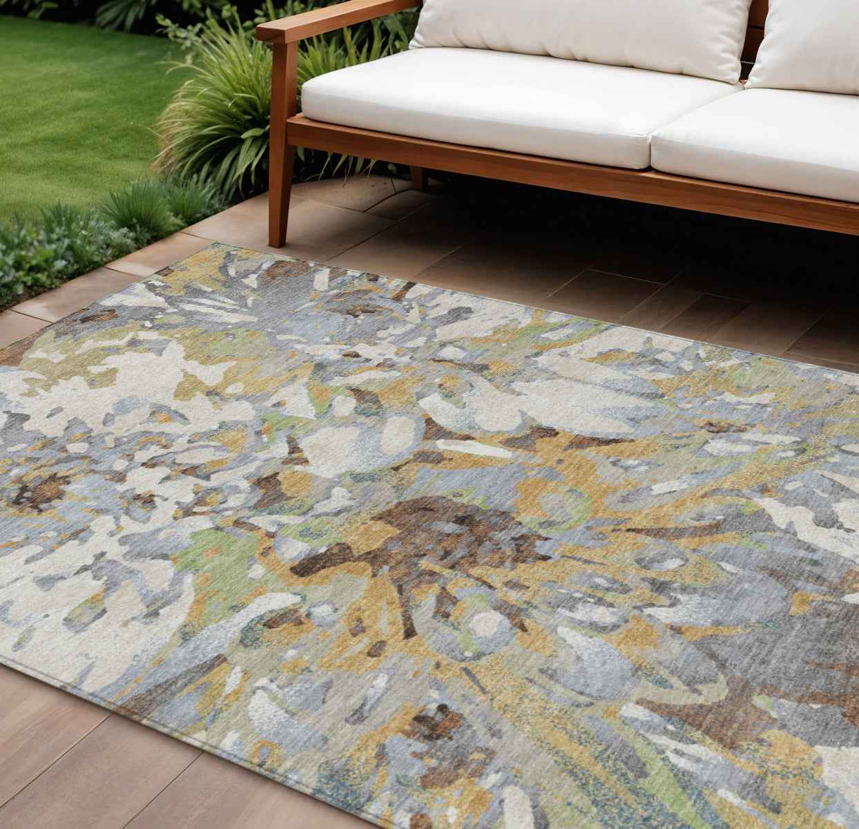 10' X 14' Wheat Ivory And Gray Floral Washable Indoor Outdoor Area Rug