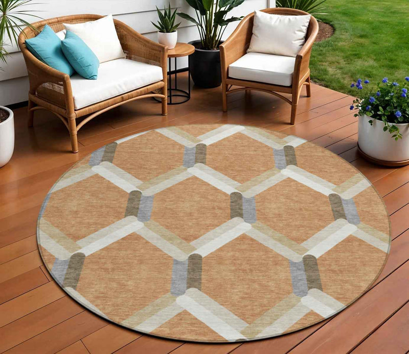 8' Copper Ivory And Gray Round Geometric Washable Indoor Outdoor Area Rug