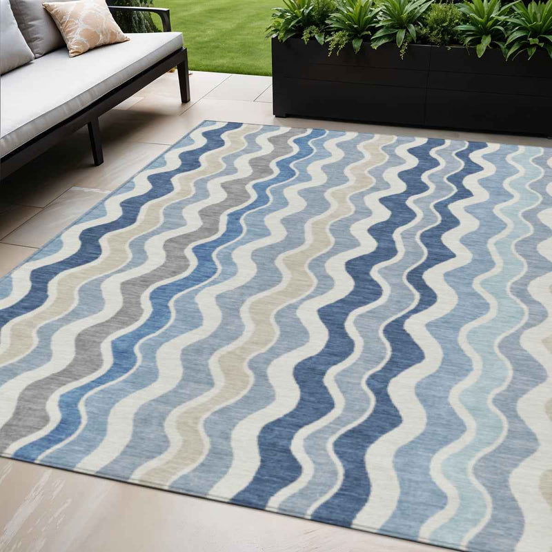 5' X 8' Blue Khaki And Ivory Striped Washable Indoor Outdoor Area Rug