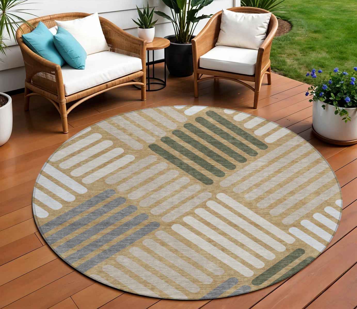 8' Gold Ivory And Charcoal Round Geometric Washable Indoor Outdoor Area Rug