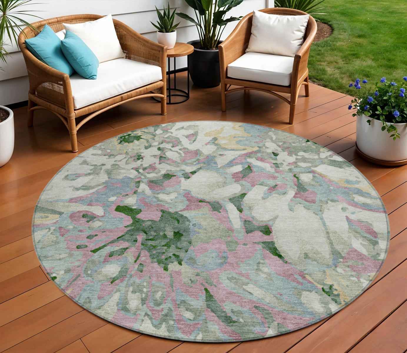 8' Sage Gold And Emerald Round Floral Washable Indoor Outdoor Area Rug