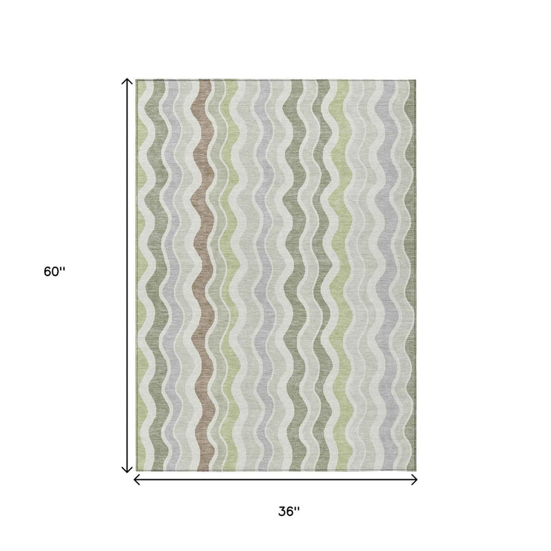 3' X 5' Artichoke Green Ivory And Brown Striped Washable Indoor Outdoor Area Rug
