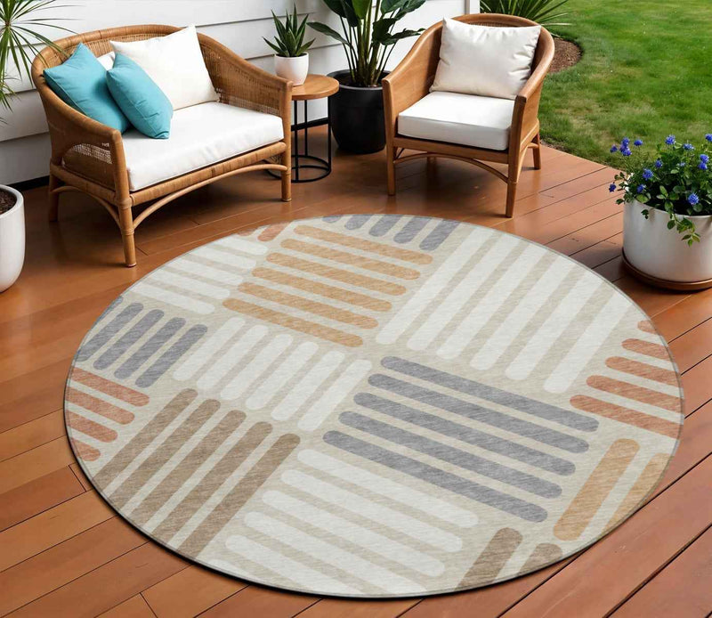 8' Copper Ivory And Rust Round Geometric Washable Indoor Outdoor Area Rug
