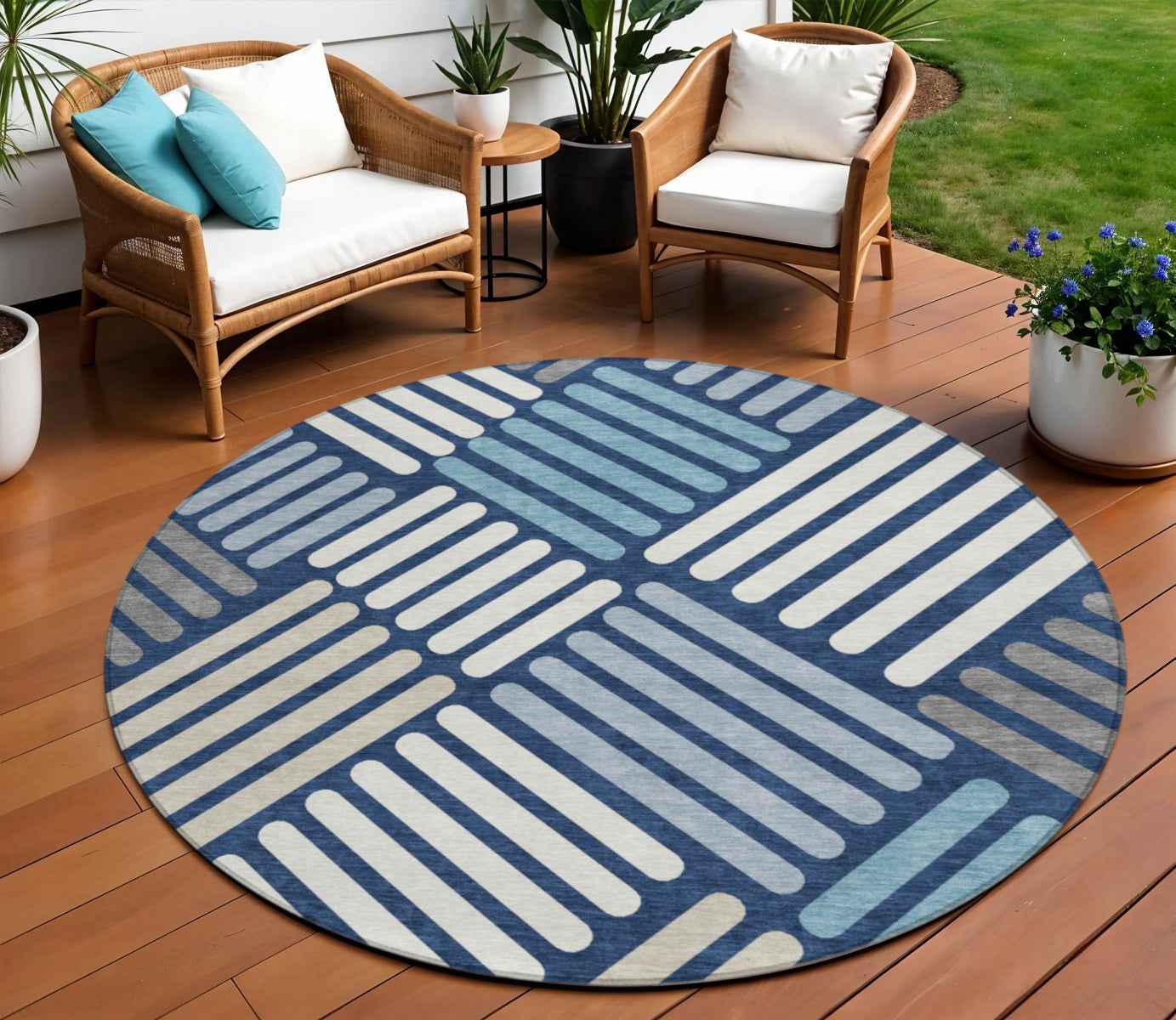8' Navy Blue Ivory And Pewter Round Geometric Washable Indoor Outdoor Area Rug