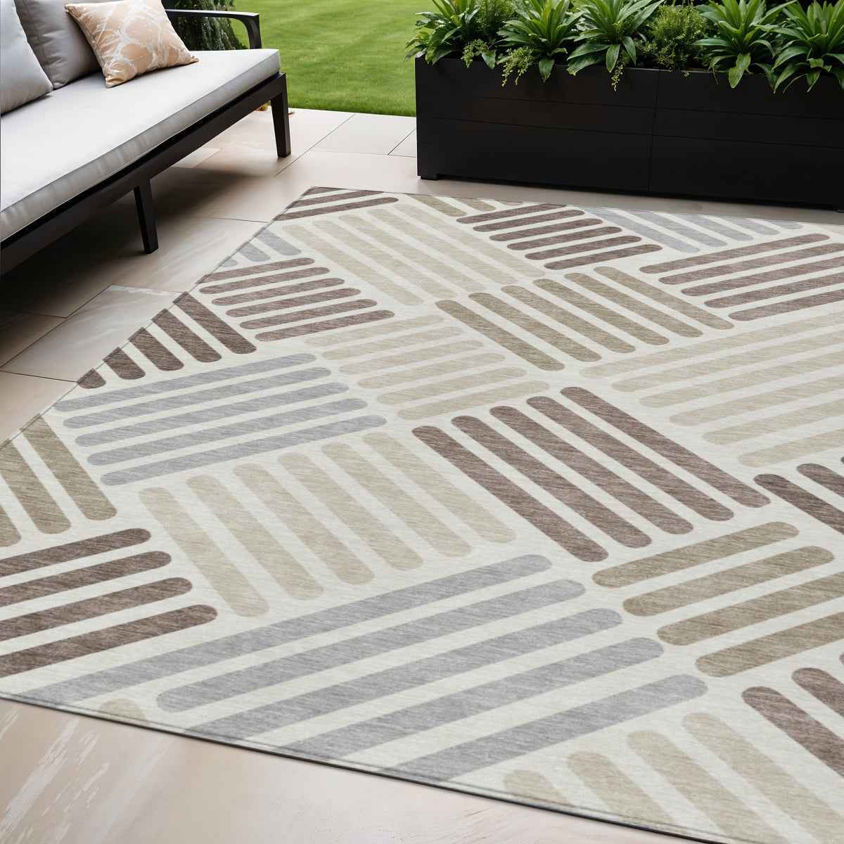 5' X 8' Ivory Beige And Brown Geometric Washable Indoor Outdoor Area Rug