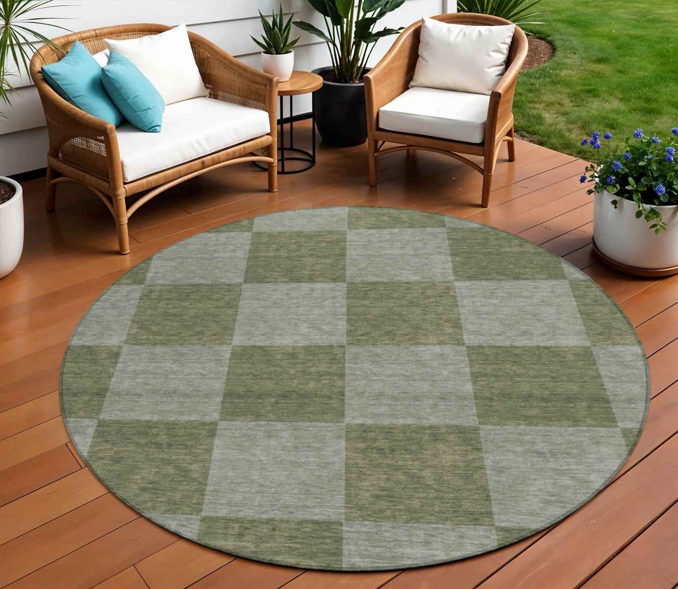 8' Olive Green And Gray Round Geometric Washable Indoor Outdoor Area Rug