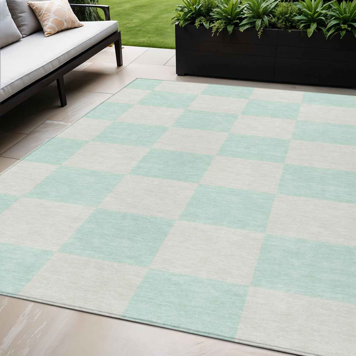 5' X 8' Mint Green And Ivory Geometric Washable Indoor Outdoor Area Rug