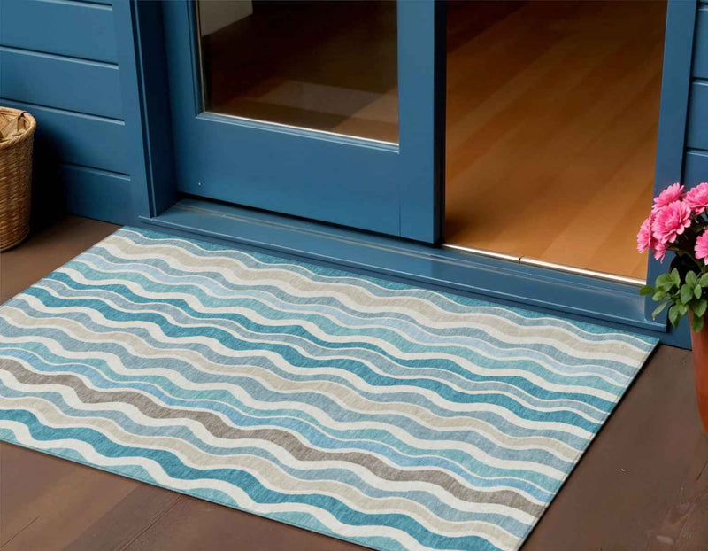 3' X 5' Teal Blue Ivory And Beige Striped Washable Indoor Outdoor Area Rug