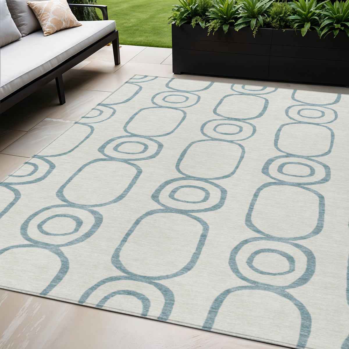 5' X 8' Teal Blue And Ivory Geometric Washable Indoor Outdoor Area Rug