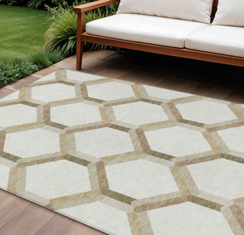 9' X 12' Ivory And Brown Geometric Washable Indoor Outdoor Area Rug