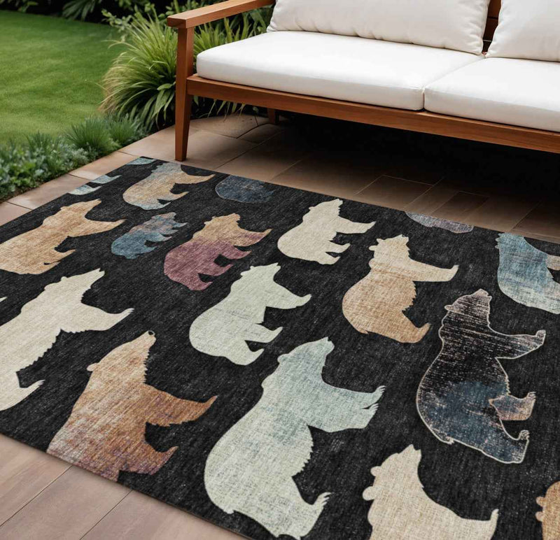 10' X 14' Black Ivory And Brown Animal Print Washable Indoor Outdoor Area Rug