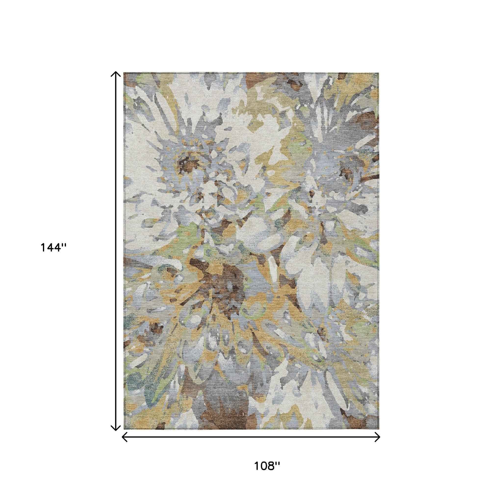 9' X 12' Wheat Ivory And Gray Floral Washable Indoor Outdoor Area Rug