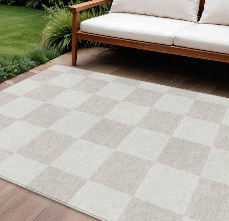 9' X 12' Ivory And Beige Geometric Washable Indoor Outdoor Area Rug