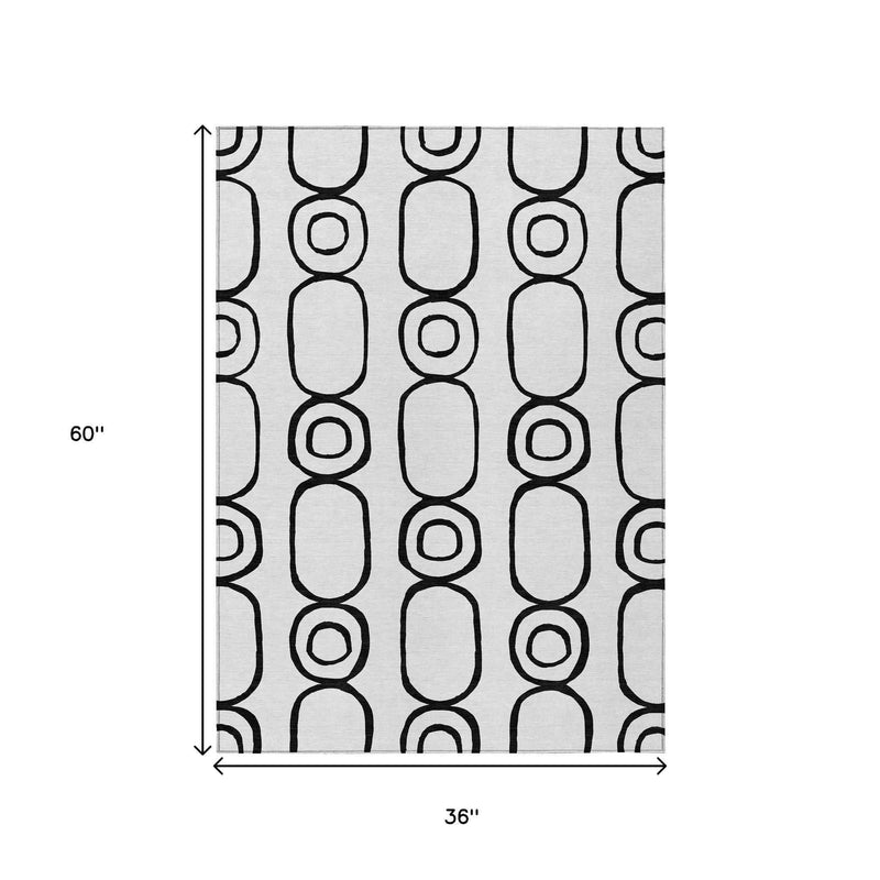 3' X 5' White And Black Geometric Washable Indoor Outdoor Area Rug