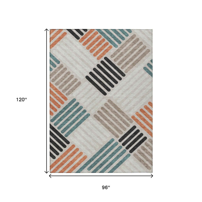 8' X 10' Sand Ivory And Black Geometric Washable Indoor Outdoor Area Rug