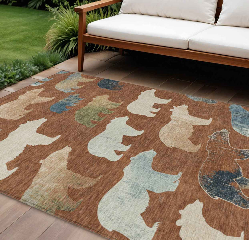 8' X 10' Chili Red Ivory And Beige Animal Print Washable Indoor Outdoor Area Rug