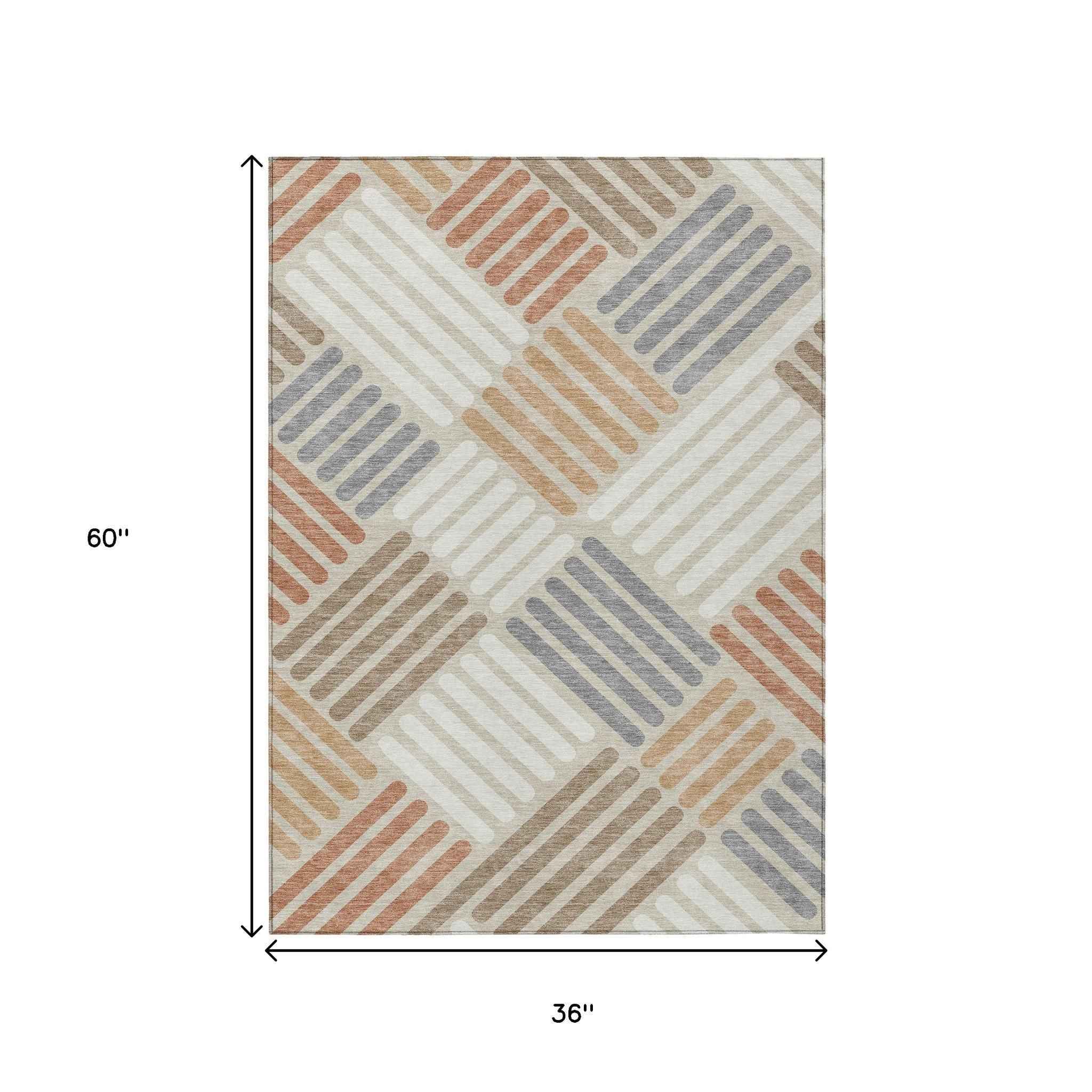3' X 5' Copper Ivory And Rust Geometric Washable Indoor Outdoor Area Rug