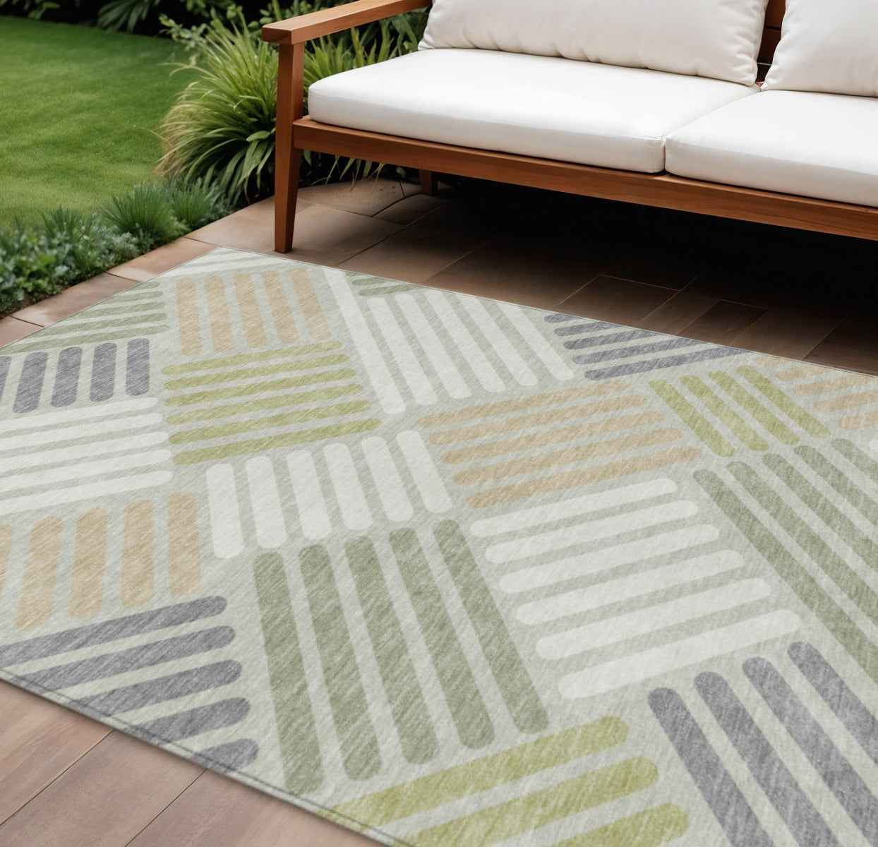 8' X 10' Artichoke Green Ivory And Gray Geometric Washable Indoor Outdoor Area Rug