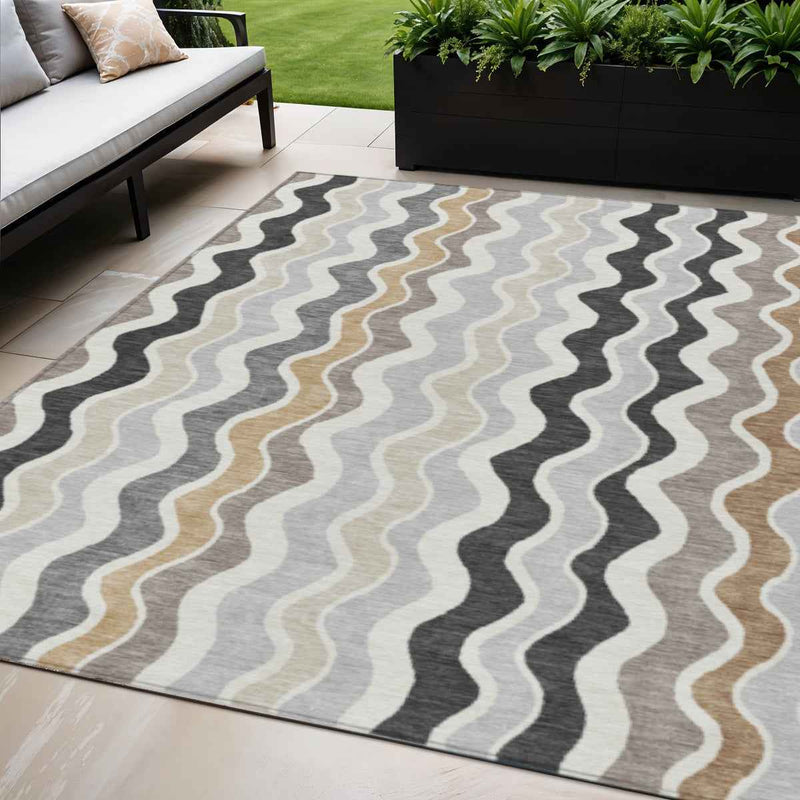 5' X 8' Charcoal Ivory And Gray Striped Washable Indoor Outdoor Area Rug