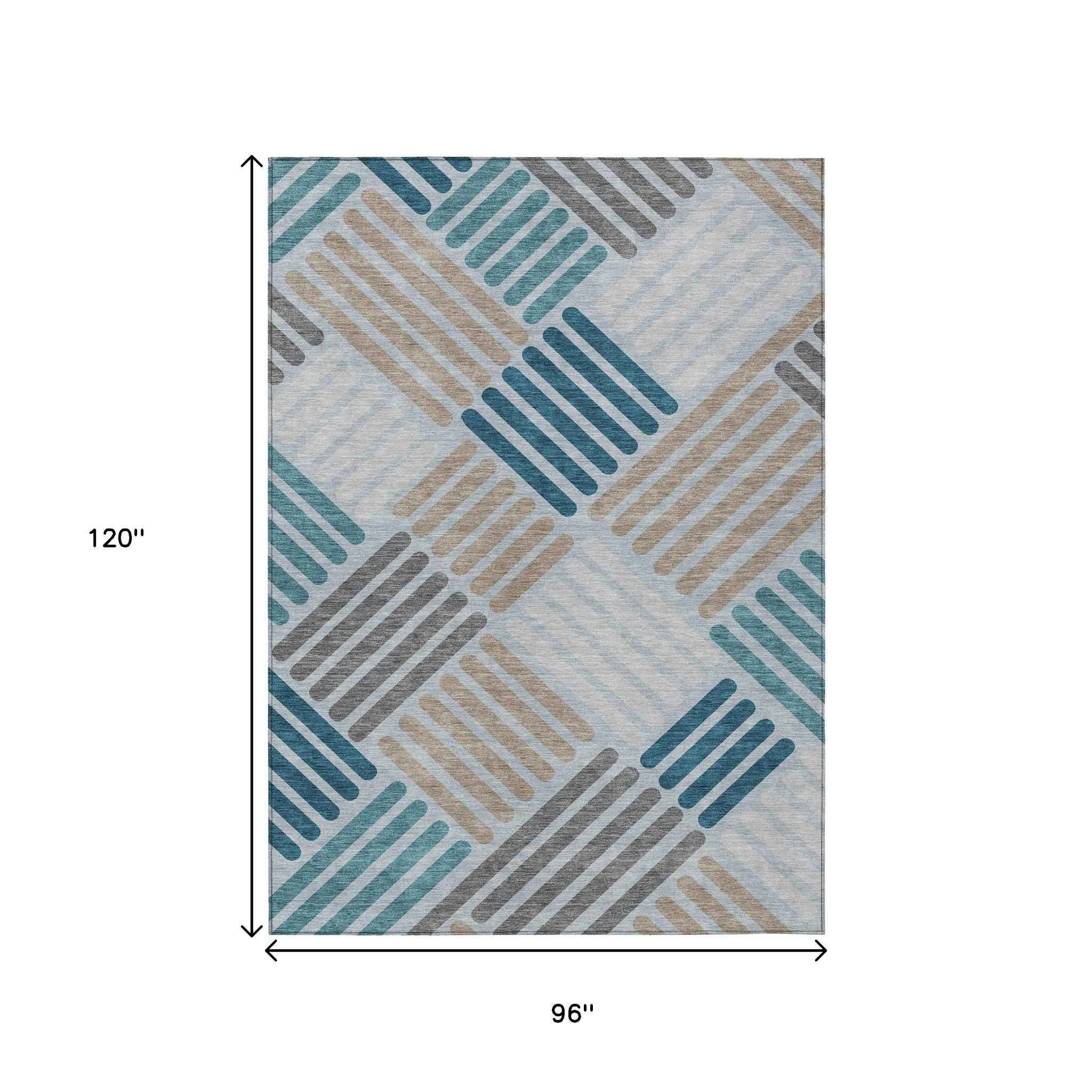 8' X 10' Teal Blue Wheat And Gray Geometric Washable Indoor Outdoor Area Rug