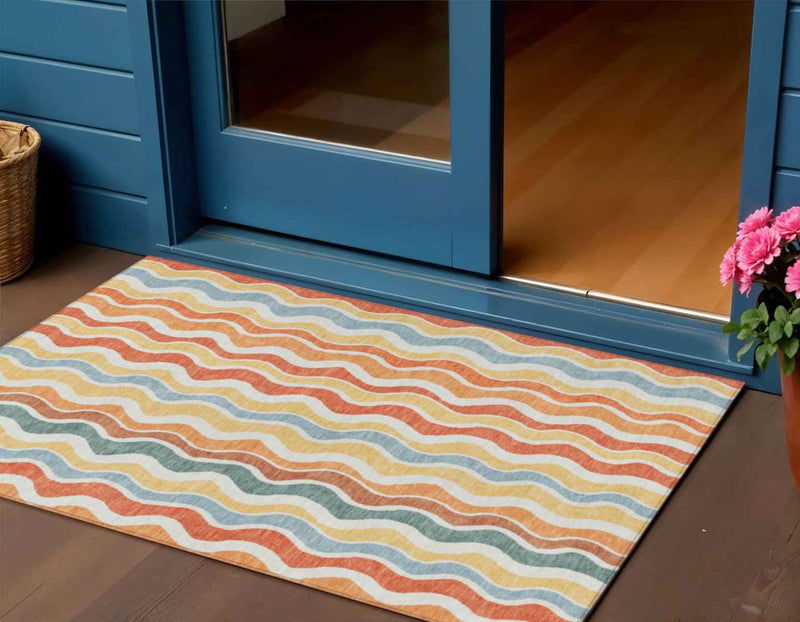 3' X 5' Coral Ivory And Gold Striped Washable Indoor Outdoor Area Rug