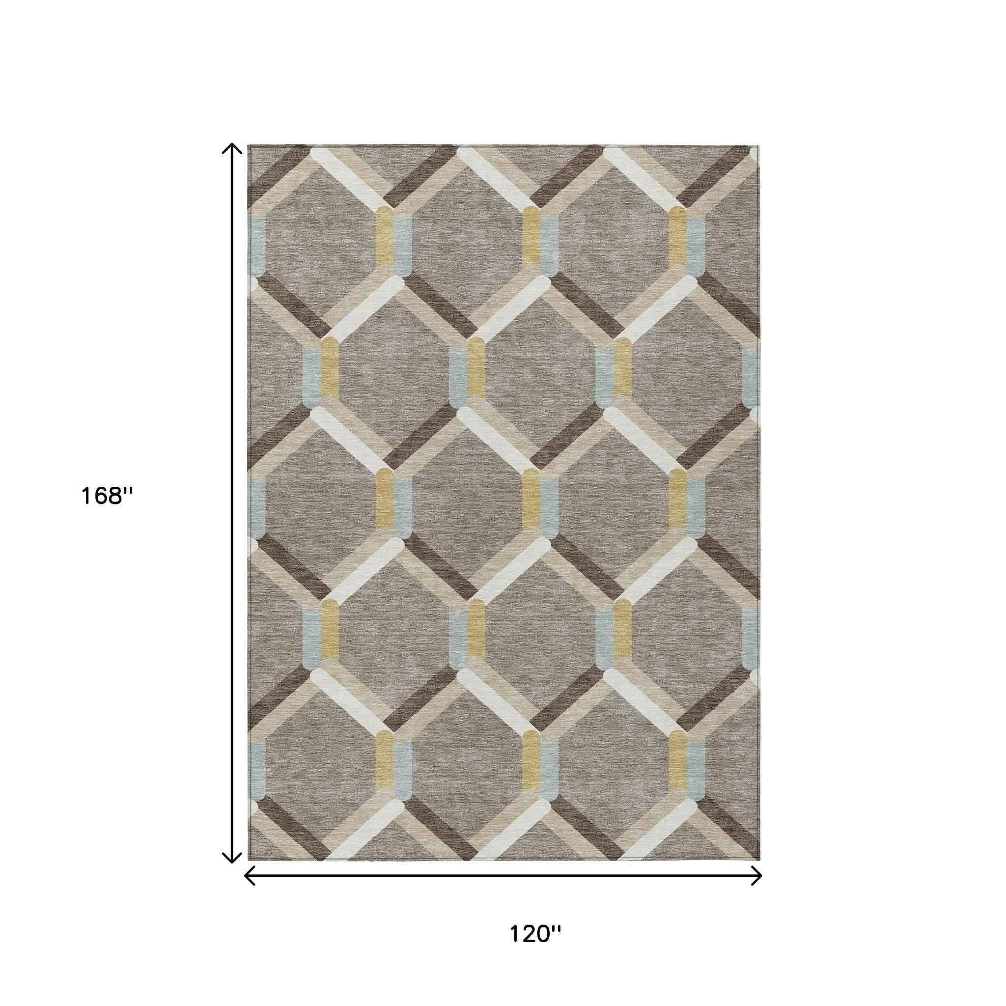 10' X 14' Brown Ivory And Beige Geometric Washable Indoor Outdoor Area Rug