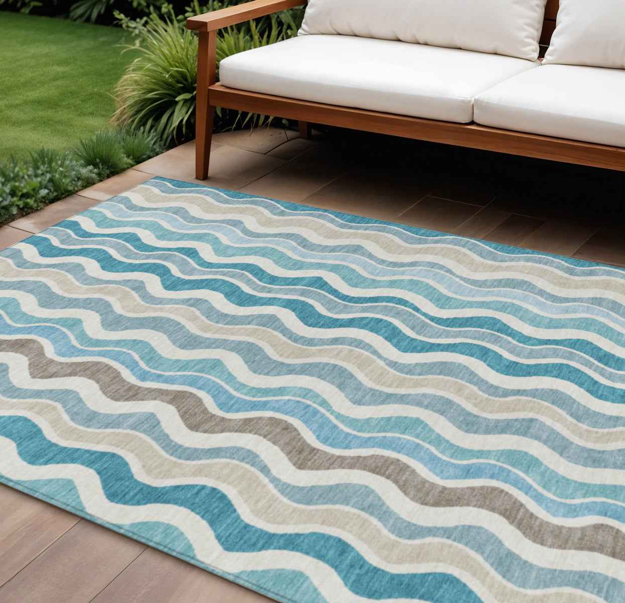 9' X 12' Teal Blue Ivory And Beige Striped Washable Indoor Outdoor Area Rug